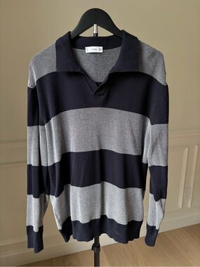 MANGO Men’s Navy & Gray Stripe V-Neck Polo Shirt, LIGHTLY WORN, SIZE XL